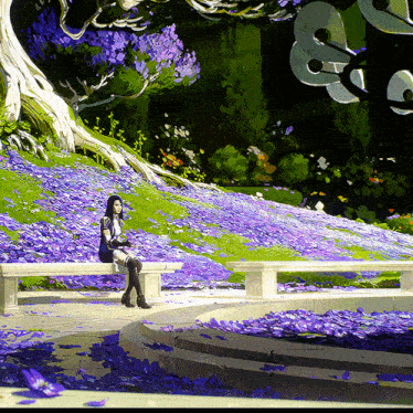 a painting of a woman sitting on a bench in a field of purple flowers