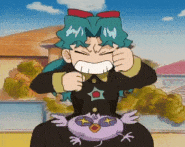 a cartoon character with blue hair and a bow on her head