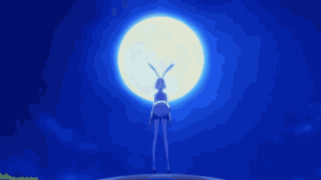 a rabbit standing in front of a full moon