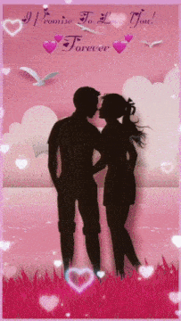 a silhouette of a man and woman kissing with the words " i promise to love you forever " above them