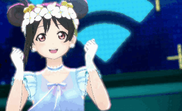 a pixel art of a girl wearing a blue dress and white gloves
