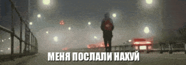 a person standing on a bridge with the words " меня послали нахуй " written on the bottom