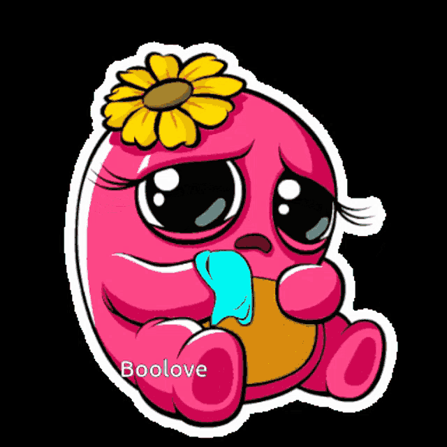 a pink cartoon character with a yellow flower on her head and the word boolove below it