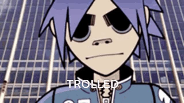 a cartoon character with purple hair is standing in front of a building and the word trolled is written on the bottom .