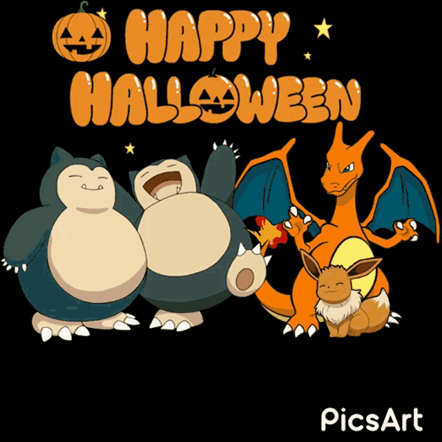 a black background with pokemon and the words happy halloween on it