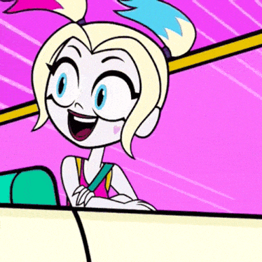 harley quinn from the teen titans go is sitting in a car with her mouth open .