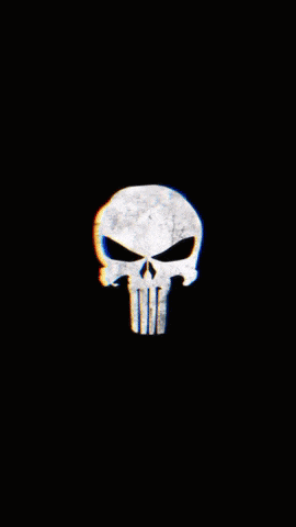 a punisher skull is on a red and grey background