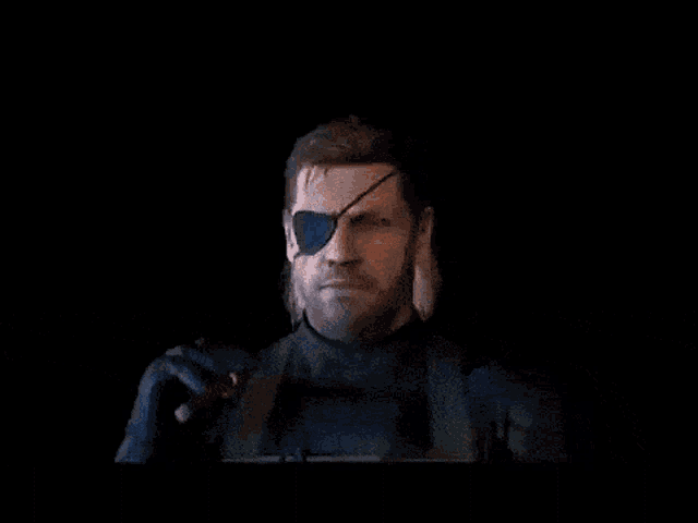 a close up of a man 's face with a beard and an eye patch