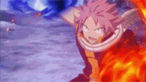 a fairy tail character is holding a sword in his hand while surrounded by fire .