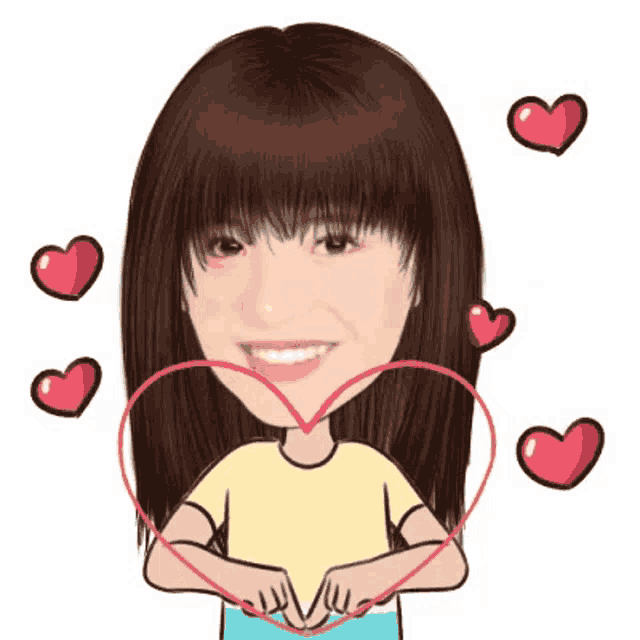 a cartoon drawing of a woman with hearts around her