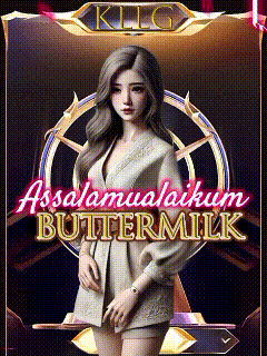 a woman in a white dress is standing in front of a sign that says ' assalamualaikum buttermilk ' .