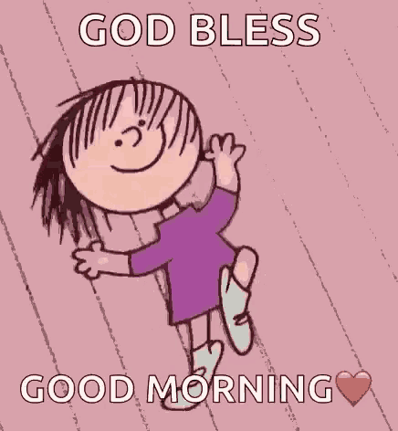 a cartoon of a girl in a purple dress says god bless good morning