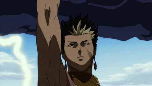 a man with his arm in the air with a lightning bolt in the background