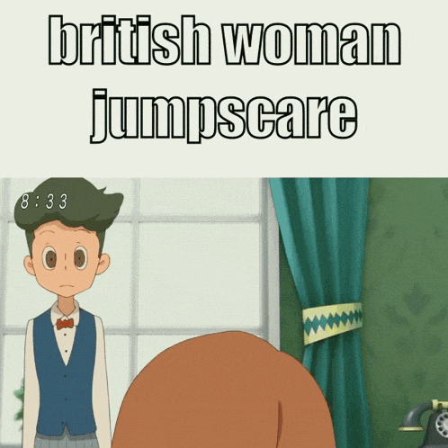 a british woman jumpscare advertisement with a cartoon character