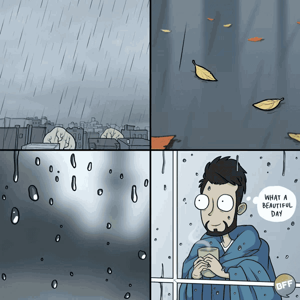 a cartoon of a man looking out a window with the words what a beautiful day below him