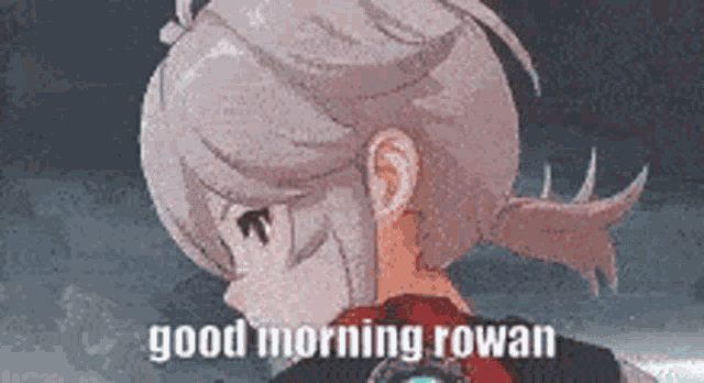 a pixel art of a girl with the words `` good morning rowan '' written on the bottom .