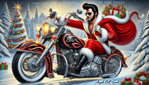elvis presley is riding a motorcycle in a christmas illustration