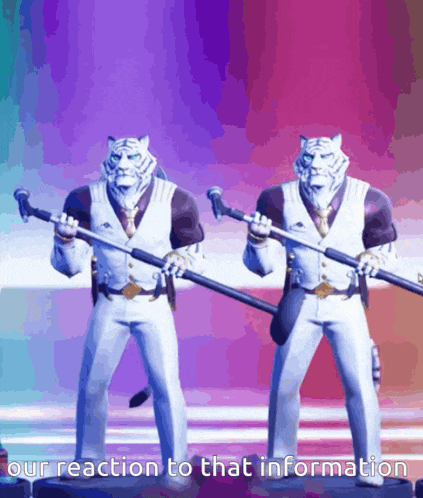 two white tigers holding microphones with the words " our reaction to that information " below them
