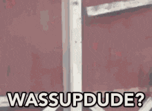 a person is standing in a doorway with the words wassupdude written on it .