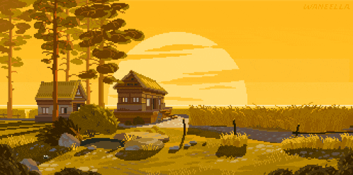 a pixel art painting of a house in a field with the name wannella on the bottom