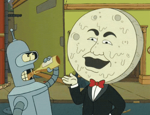 bender from futurama is drinking from a bottle next to a man with a moon face