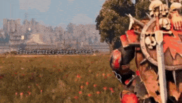 a knight with a sword and shield is standing in a field of flowers .