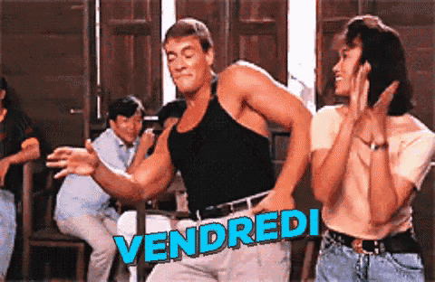 a man and woman are dancing in front of a sign that says vendredi on it