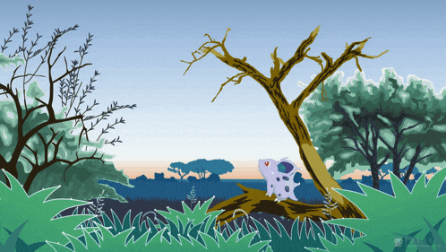 a painting of a frog sitting under a tree in a forest