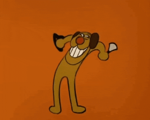 a cartoon dog is holding a microphone and smiling while dancing on an orange background .