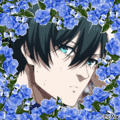 a picture of a boy surrounded by blue roses with picmix written on the bottom