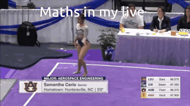 a gymnast performs on a purple mat and the words maths in my live are visible