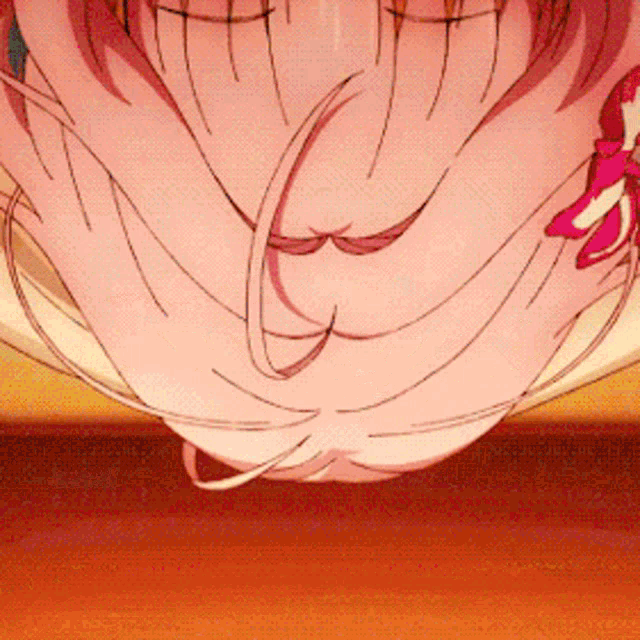 a close up of a girl 's face with pink hair and a red flower in her hair
