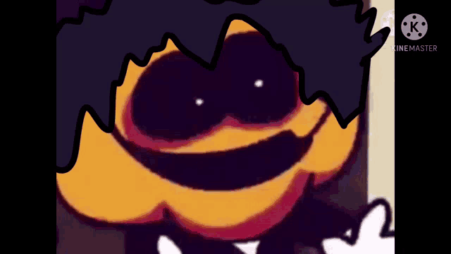 a close up of a cartoon character with a purple and yellow face and a black hair .