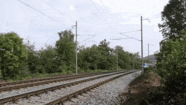 a train track going through a forest with a blue train in the distance