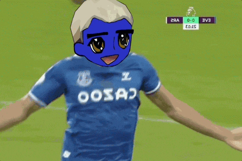a soccer player wearing a blue shirt that says golm is kicking the ball