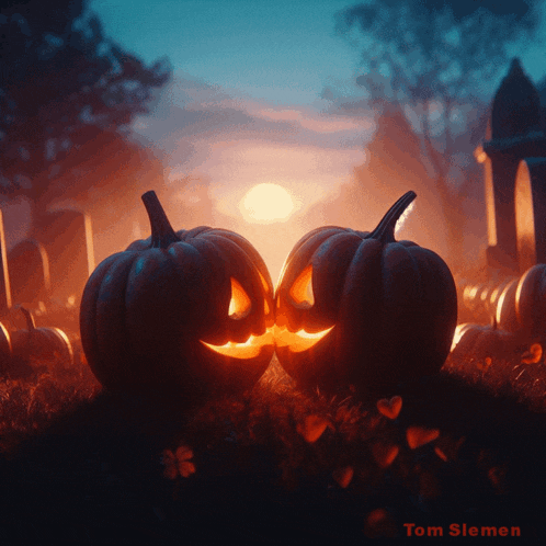 two jack o lanterns in a cemetery with the name tom slemen at the bottom