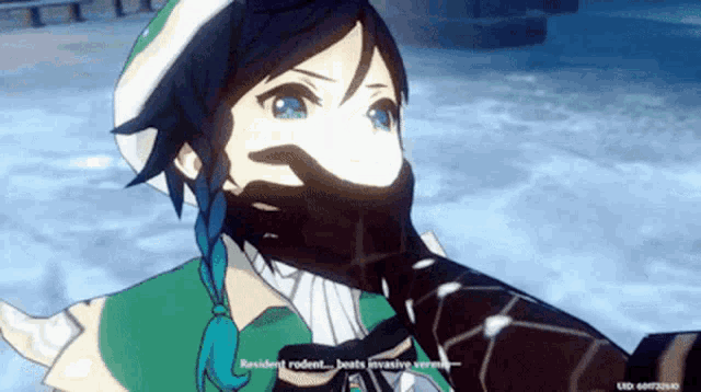 a screenshot of a video game shows a character with a beard saying " resident rodent "