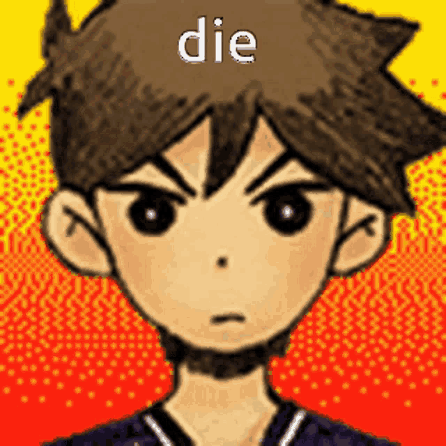 a pixel art of a boy with the word die on his head