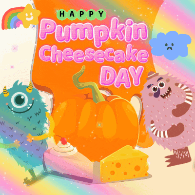 a happy pumpkin cheesecake day greeting card with monsters