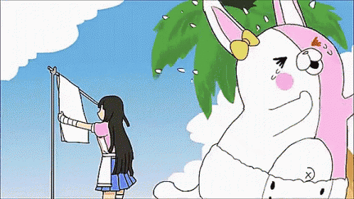a cartoon of a girl hanging clothes on a clothes line next to a giant stuffed animal .