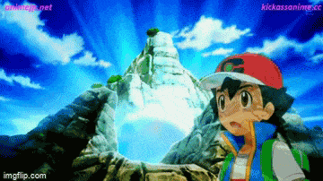 a cartoon of a boy standing in front of a mountain with the words kickassanime.cc on the bottom right