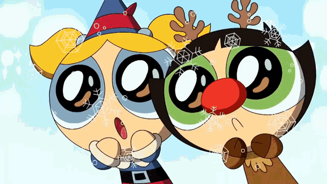 a cartoon character with a red nose and a reindeer hat
