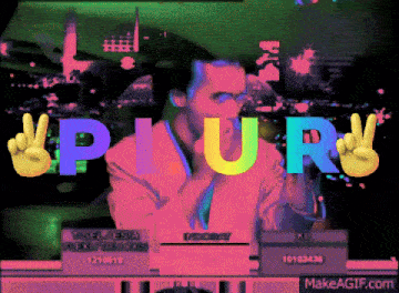a man is giving a peace sign in front of a screen that says plur