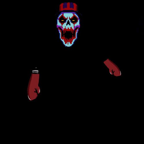 a pixel art drawing of a skull with a hat and gloves