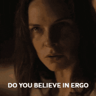 a close up of a woman 's face with the words do you believe in ergo below it