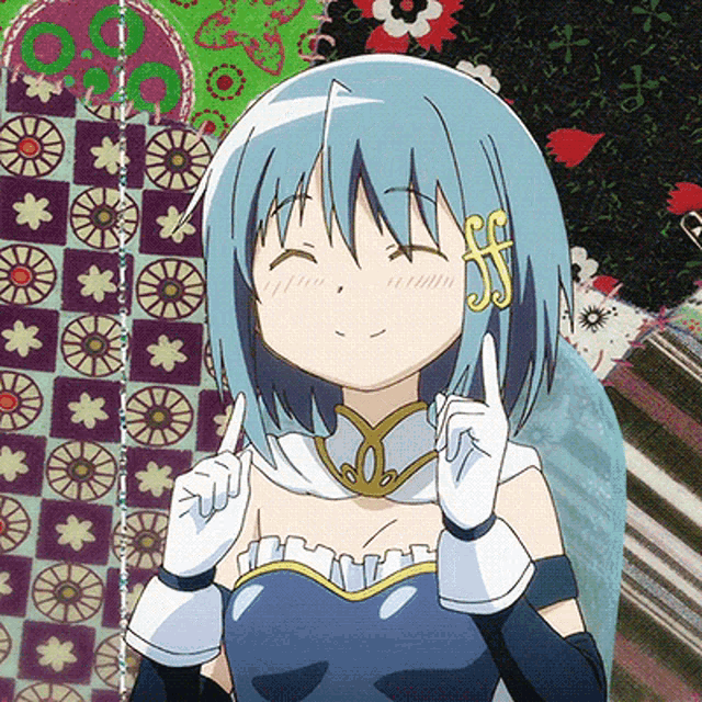 a girl with blue hair is giving the middle finger and has a ff on her ear
