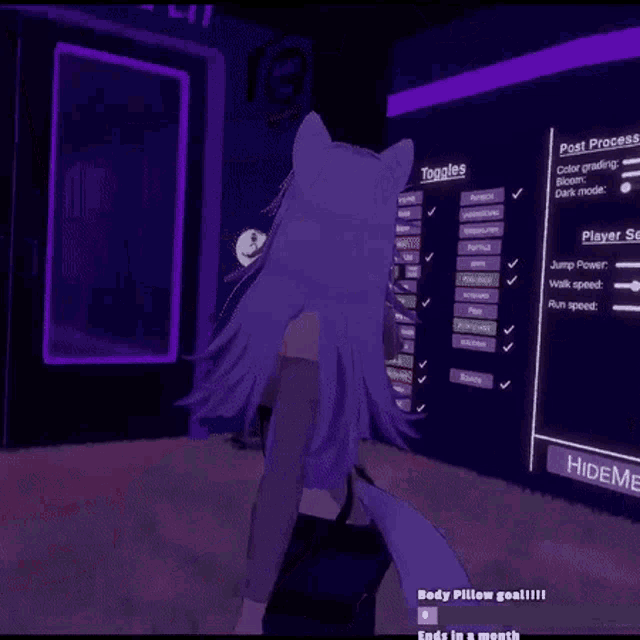 a girl with purple hair is playing a video game with a purple background .