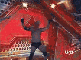 a man in a wrestling uniform is standing in front of a red wall with the word usa on it