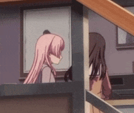 a girl with long pink hair is looking out of a window while another girl looks on .