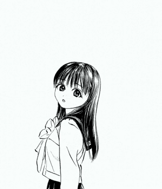 a black and white drawing of a girl with long hair and the words thank y